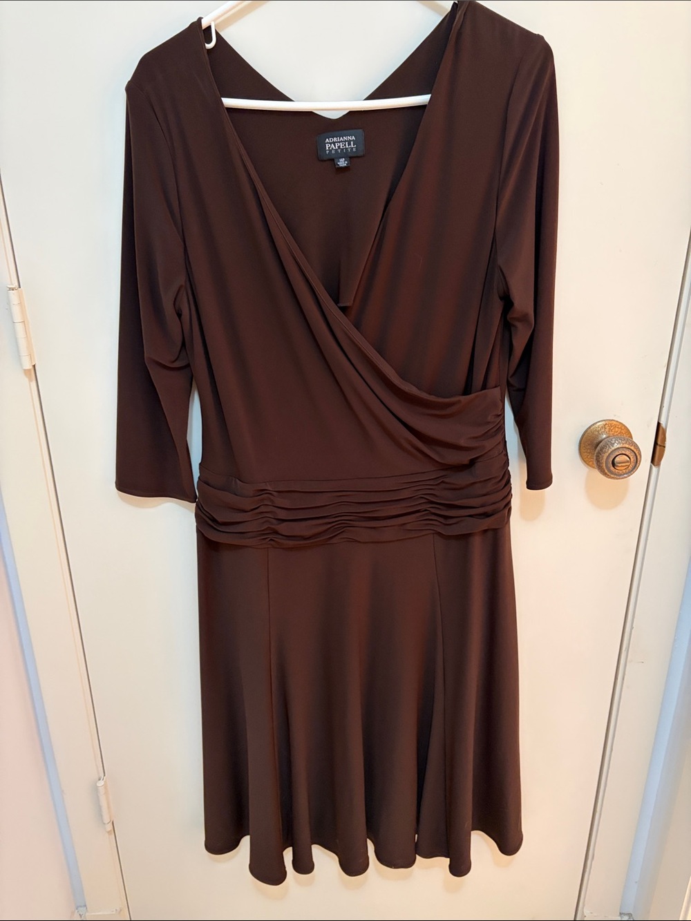 Adrianna Papell Dark Brown Faux-Wrap Long Sleeve Dress